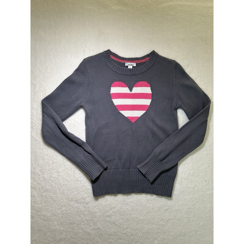 Old Navy Girls Gray Pink Heart Sweater XL 100% Cotton (8019)